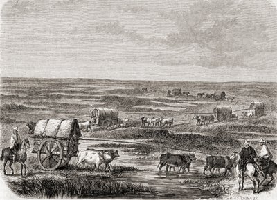 Wagenzug auf den argentinischen Pampas in den 1860er Jahren, graviert von Alfred Louis Sargent von Jules Antoine Duvaux
